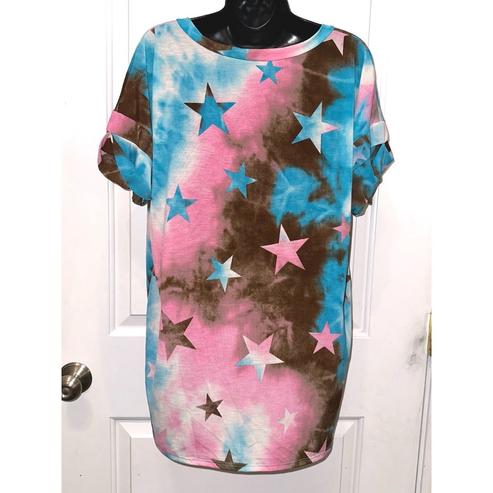 Sew in Love pink/blue/brown star print tee - Picture 3 of 5